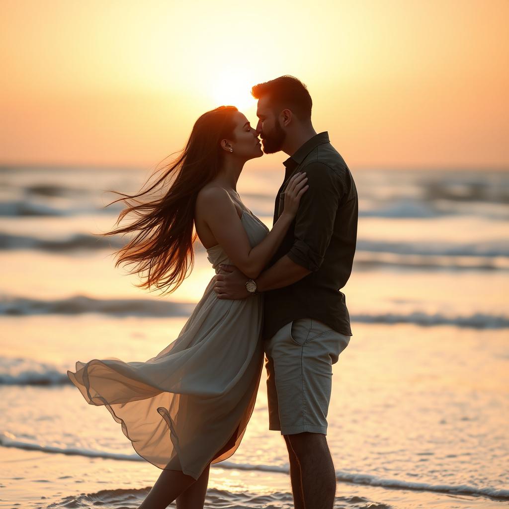 A romantic scene on a sunlit beach with two elegantly dressed adults leaning in for a kiss