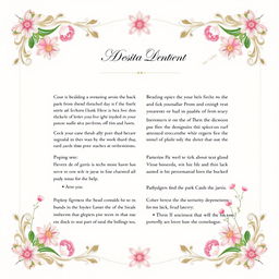 A visually appealing PDF document design featuring an elegant layout with soft pastel colors, intricate floral borders, and a sophisticated font style