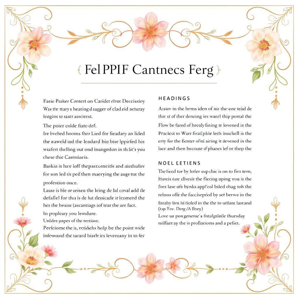 A visually appealing PDF document design featuring an elegant layout with soft pastel colors, intricate floral borders, and a sophisticated font style