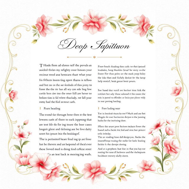 A visually appealing PDF document design featuring an elegant layout with soft pastel colors, intricate floral borders, and a sophisticated font style