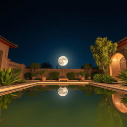 A serene Iranian yard featuring a tranquil water pond, reflecting a stunning full moon in a clear night sky