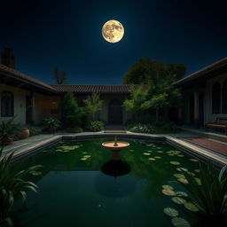 A serene Iranian yard featuring a tranquil water pond, reflecting a stunning full moon in a clear night sky