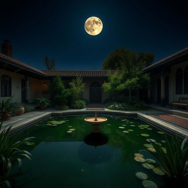 A serene Iranian yard featuring a tranquil water pond, reflecting a stunning full moon in a clear night sky