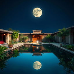 A serene Iranian yard featuring a tranquil water pond, reflecting a stunning full moon in a clear night sky