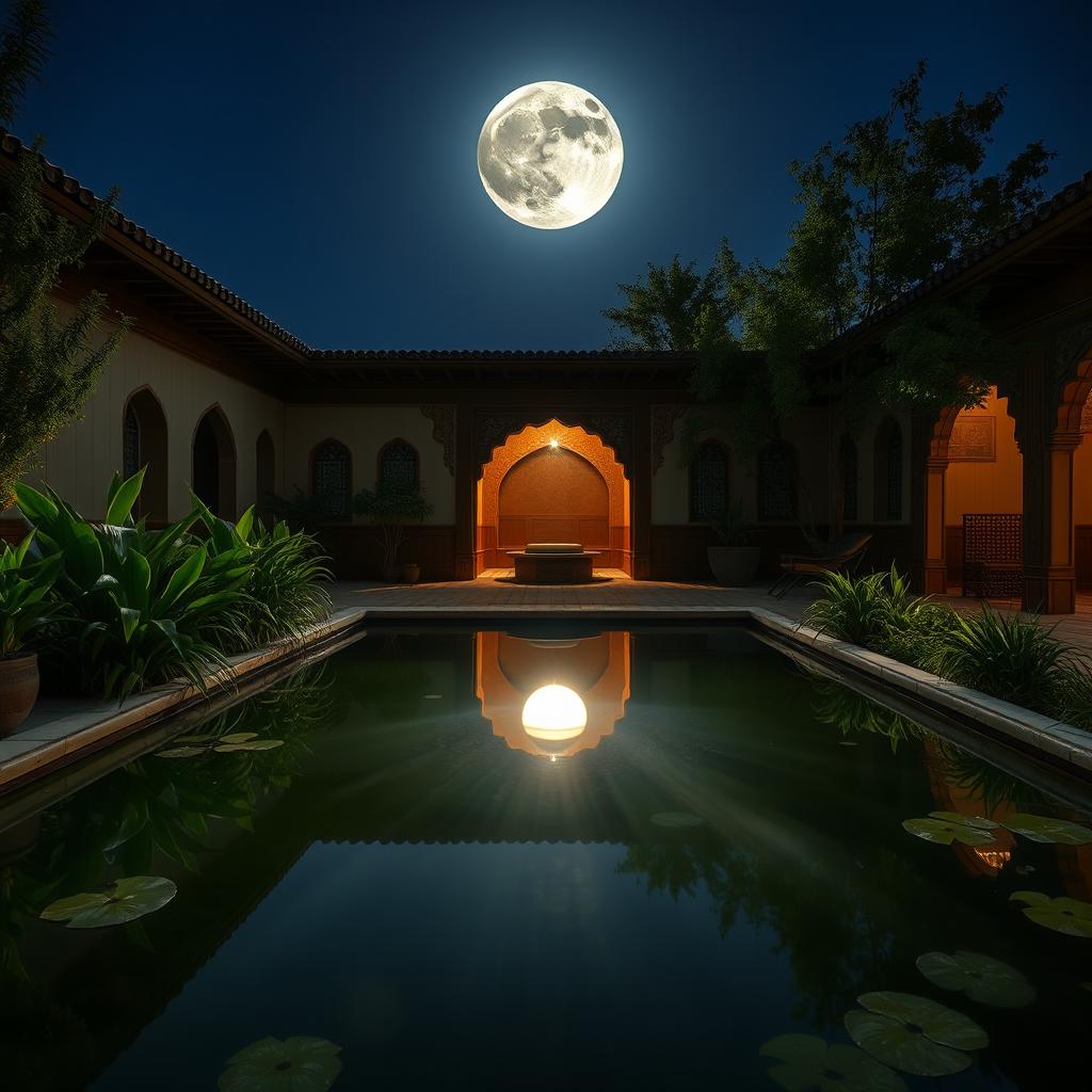 A serene Iranian yard featuring a tranquil water pond, reflecting a stunning full moon in a clear night sky