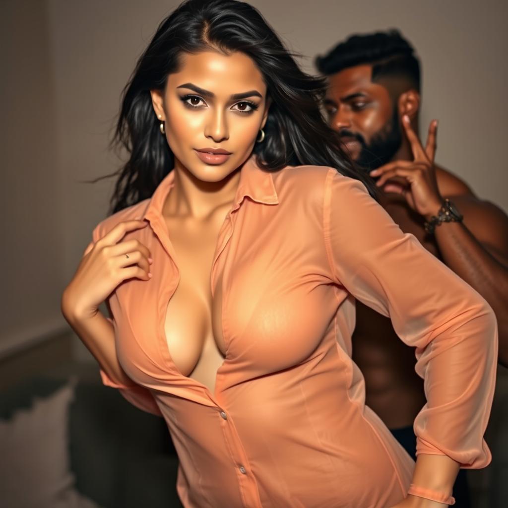 A sensual scene of a 25-year-old Pakistani woman radiating confidence and allure, wearing a transparent shirt that accentuates her deep cleavage and curvy figure