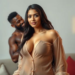 A sensual scene of a 25-year-old Pakistani woman radiating confidence and allure, wearing a transparent shirt that accentuates her deep cleavage and curvy figure