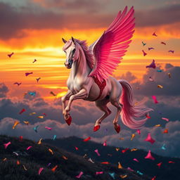A seductive Pegasus adorned in striking red high heels, gracefully flying through a dreamy landscape where colorful panties rain down like confetti
