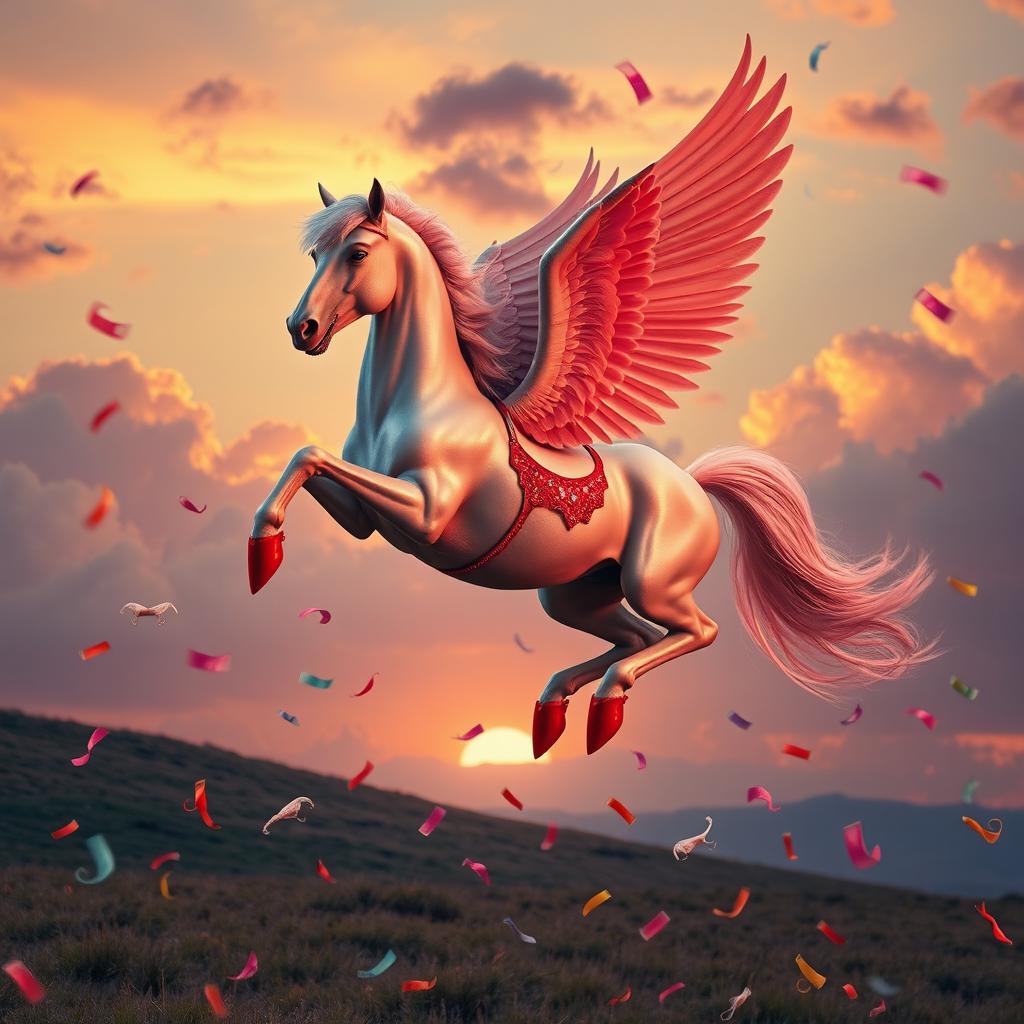 A seductive Pegasus adorned in striking red high heels, gracefully flying through a dreamy landscape where colorful panties rain down like confetti