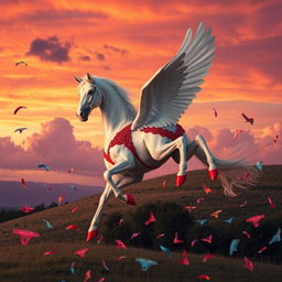 A seductive Pegasus adorned in striking red high heels, gracefully flying through a dreamy landscape where colorful panties rain down like confetti