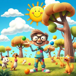 A vibrant, funny animation scene featuring a whimsical character with oversized glasses and a colorful outfit, standing in a comically exaggerated landscape filled with quirky trees and playful animals