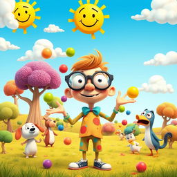 A vibrant, funny animation scene featuring a whimsical character with oversized glasses and a colorful outfit, standing in a comically exaggerated landscape filled with quirky trees and playful animals