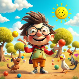 A vibrant, funny animation scene featuring a whimsical character with oversized glasses and a colorful outfit, standing in a comically exaggerated landscape filled with quirky trees and playful animals