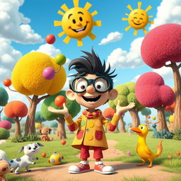 A vibrant, funny animation scene featuring a whimsical character with oversized glasses and a colorful outfit, standing in a comically exaggerated landscape filled with quirky trees and playful animals