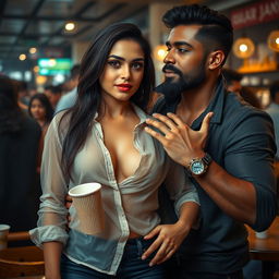 A provocative scene in a bustling public café featuring a 25-year-old Pakistani woman who exudes seduction while wearing a wet, transparent shirt that reveals her deep cleavage and highlights her alluring figure