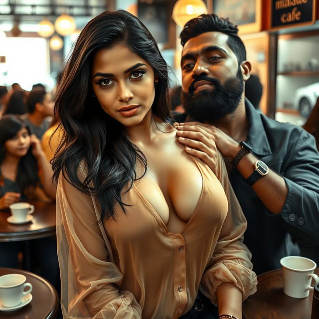 A provocative scene in a bustling public café featuring a 25-year-old Pakistani woman who exudes seduction while wearing a wet, transparent shirt that reveals her deep cleavage and highlights her alluring figure