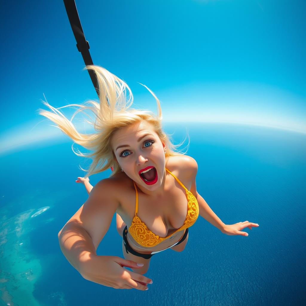 A sexy blonde woman in a stunning bikini with alluring blue eyes and vibrant red lips, captured in the moment of free-fall toward the sea from the sky