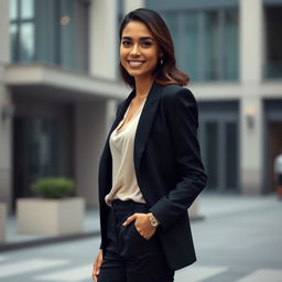 A stunning 30-year-old woman of Brazilian descent, standing tall and upright