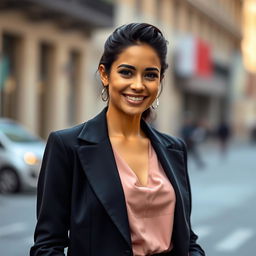 A stunning 30-year-old woman of Brazilian descent, standing tall and upright