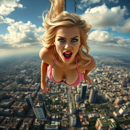 A sexy blonde woman in a bikini with stunning blue eyes and vibrant red lips, falling gracefully through the sky towards an urban city below