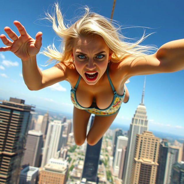 A sexy blonde woman in a stylish bikini, showcasing vivid blue eyes and bright red lips, is dramatically falling towards a bustling city