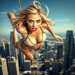 A sexy blonde woman in a stylish bikini, showcasing vivid blue eyes and bright red lips, is dramatically falling towards a bustling city