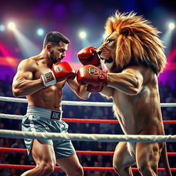 A dramatic scene depicting a fierce boxing match between a muscular human boxer and a powerful lion, both in a boxing ring