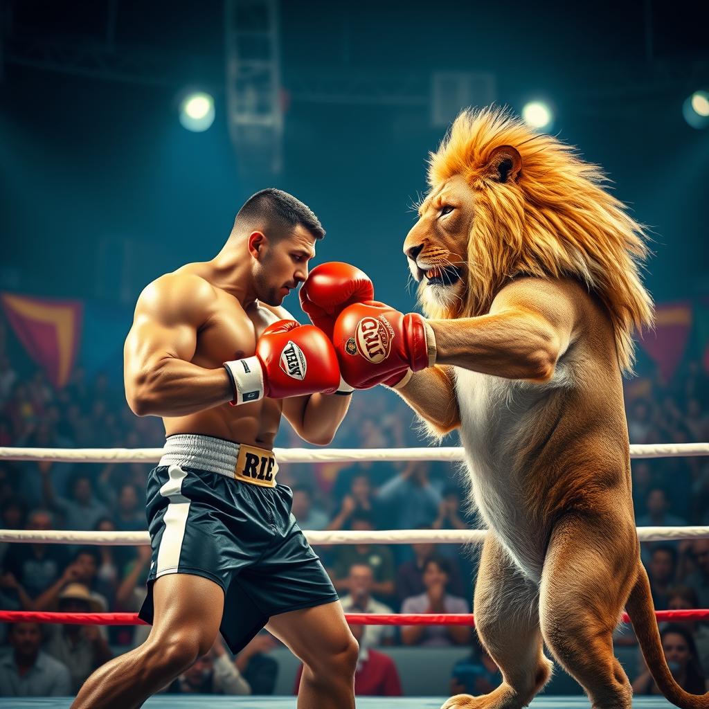 A dramatic scene depicting a fierce boxing match between a muscular human boxer and a powerful lion, both in a boxing ring