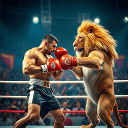 A dramatic scene depicting a fierce boxing match between a muscular human boxer and a powerful lion, both in a boxing ring
