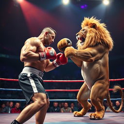 A dramatic scene depicting a fierce boxing match between a muscular human boxer and a powerful lion, both in a boxing ring