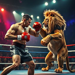 A dramatic scene depicting a fierce boxing match between a muscular human boxer and a powerful lion, both in a boxing ring