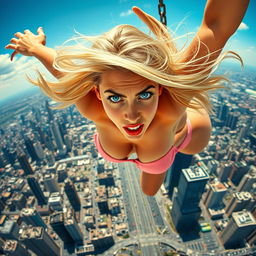 A sexy blonde woman in a bikini, featuring stunning blue eyes and vibrant red lips, plummeting from the sky towards a sprawling cityscape below