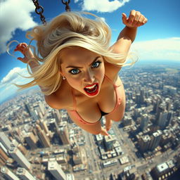 A sexy blonde woman in a bikini, featuring stunning blue eyes and vibrant red lips, plummeting from the sky towards a sprawling cityscape below