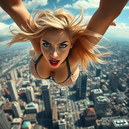 A sexy blonde woman in a bikini, featuring stunning blue eyes and vibrant red lips, plummeting from the sky towards a sprawling cityscape below