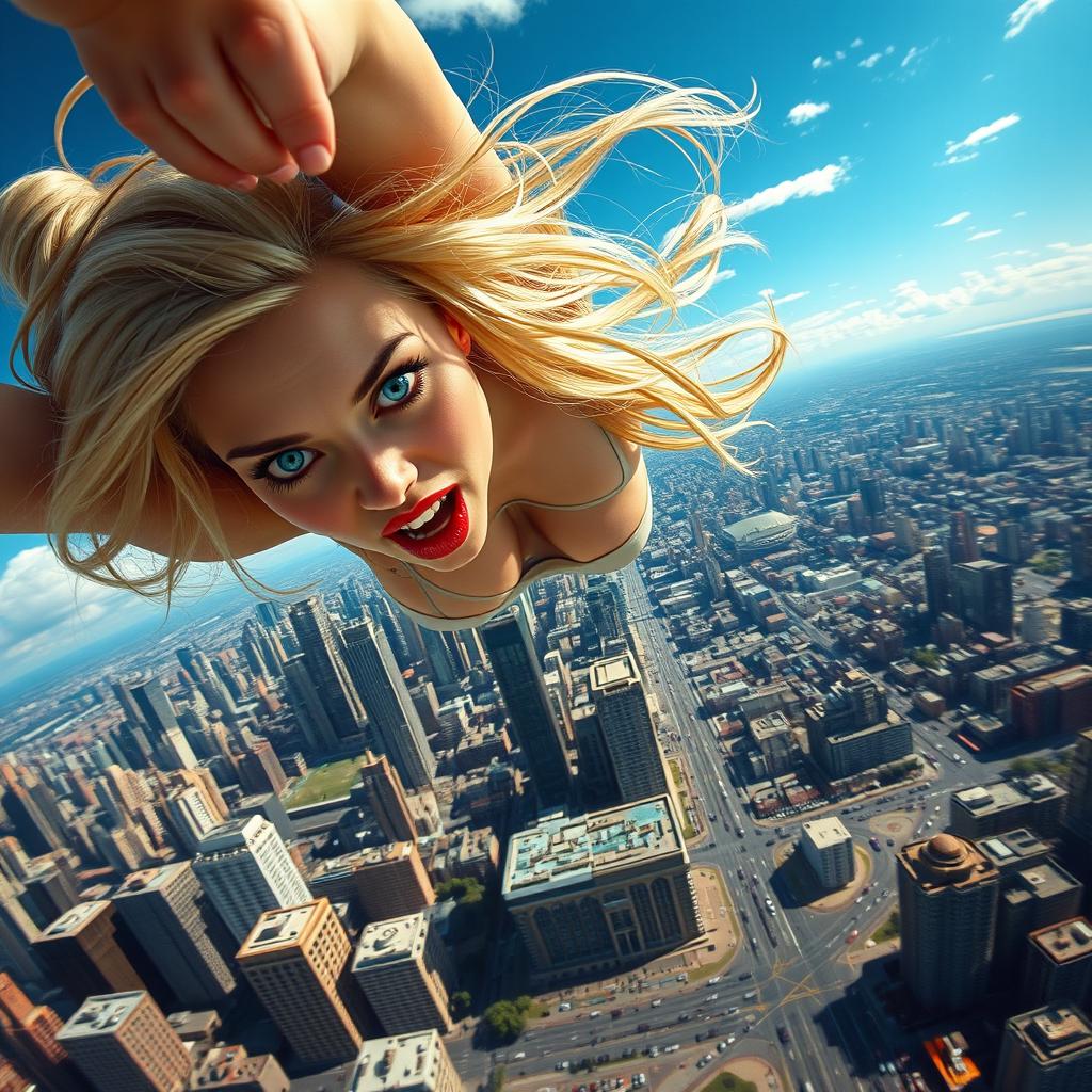 A sexy blonde woman in a bikini, featuring stunning blue eyes and vibrant red lips, plummeting from the sky towards a sprawling cityscape below