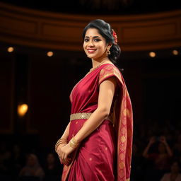 A beautiful 30-year-old woman of Indian descent, standing tall and upright on a stage