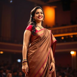 A beautiful 30-year-old woman of Indian descent, standing tall and upright on a stage