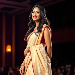 A beautiful 30-year-old woman of Indian descent, standing tall and upright on a stage