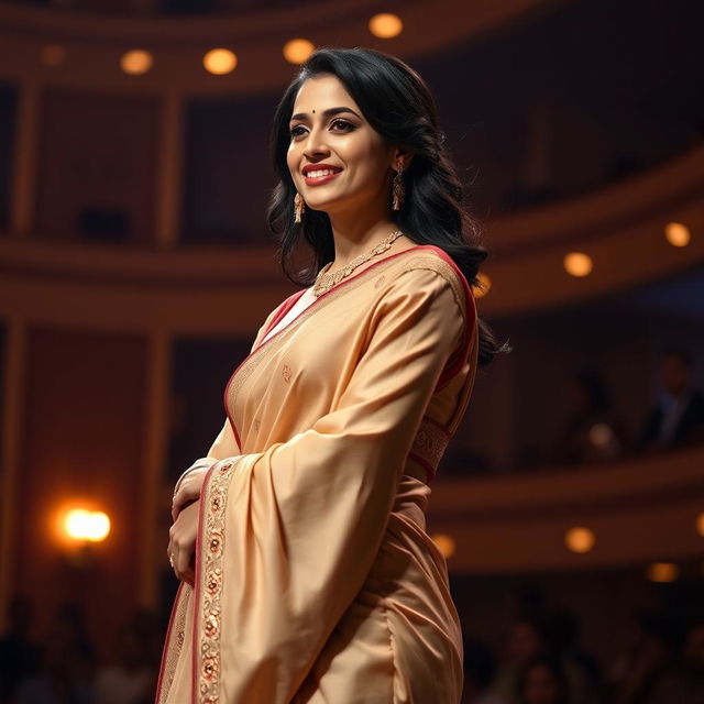 A beautiful 30-year-old woman of Indian descent, standing tall and upright on a stage