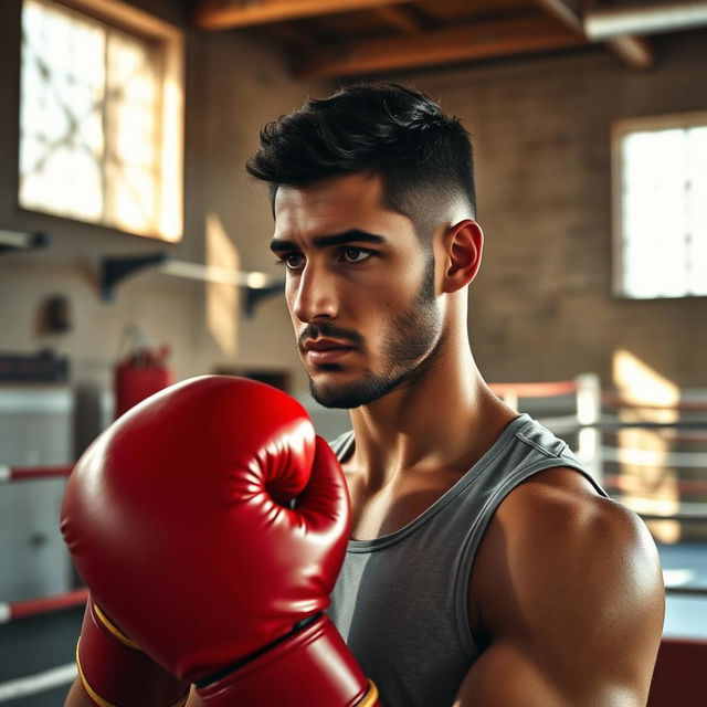 A boxer staring thoughtfully at his boxing gloves, reflective and focused