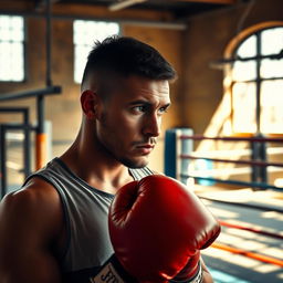 A boxer staring thoughtfully at his boxing gloves, reflective and focused