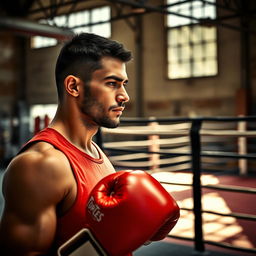 A boxer staring thoughtfully at his boxing gloves, reflective and focused