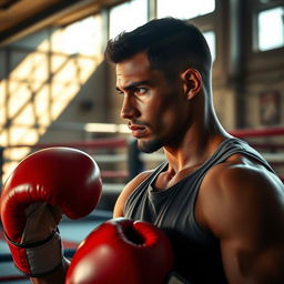 A boxer staring thoughtfully at his boxing gloves, reflective and focused