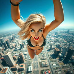 A sexy blonde woman in a stylish bikini, featuring captivating blue eyes and vibrant red lips, has a scared expression as she falls toward a sprawling city below
