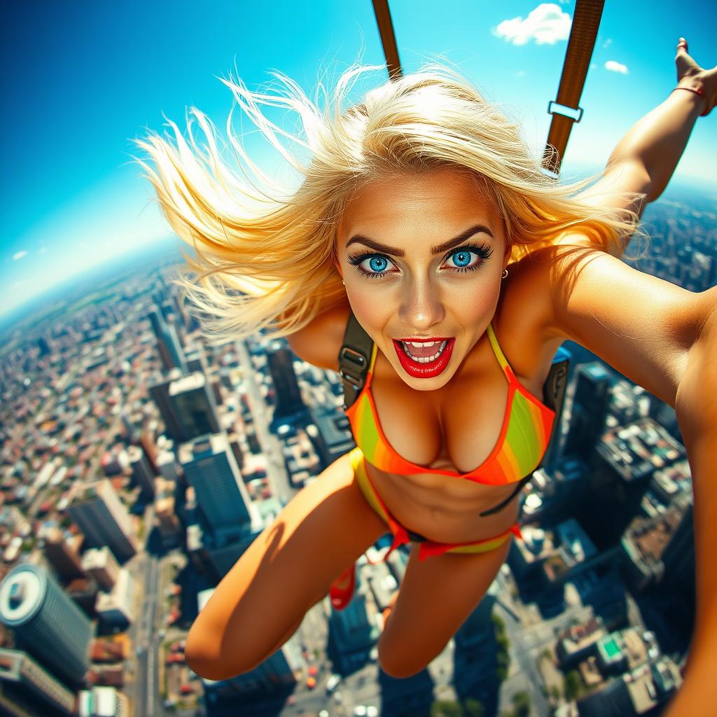 A sexy blonde woman in a vibrant bikini, showcasing stunning blue eyes and striking red lips, is depicted in an exhilarating scene as she falls toward a city from the sky