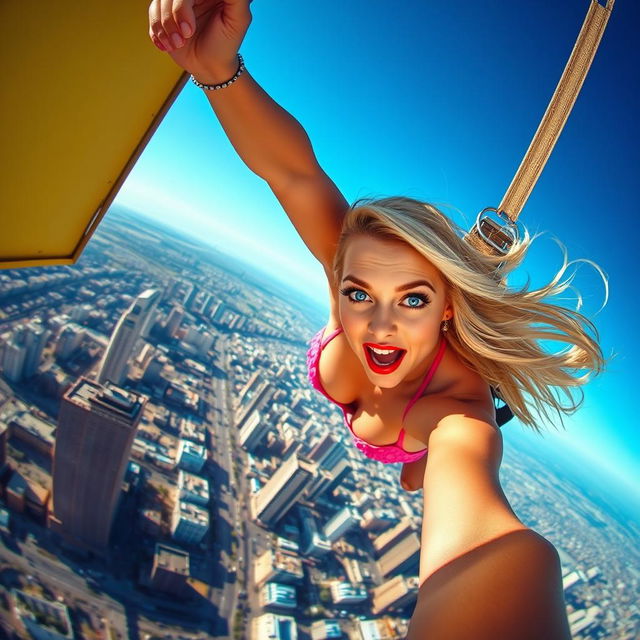 A sexy blonde woman in a vibrant bikini, showcasing stunning blue eyes and striking red lips, is depicted in an exhilarating scene as she falls toward a city from the sky