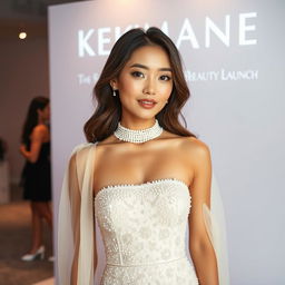 A stunning woman with beautiful glowing skin, embodying a Korean beauty aesthetic, standing at a skincare launch event