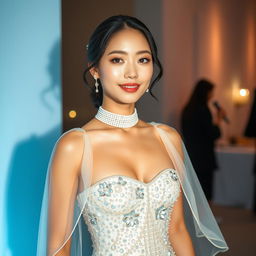 A stunning woman with beautiful glowing skin, embodying a Korean beauty aesthetic, standing at a skincare launch event