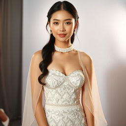 A stunning woman with beautiful glowing skin, embodying a Korean beauty aesthetic, standing at a skincare launch event