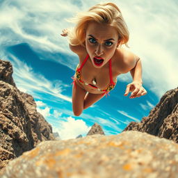 A sexy blonde woman in a vibrant bikini, showcasing stunning blue eyes and bold red lips, is captured mid-fall towards jagged rocks below